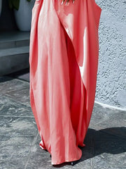 Asymmetric Pleated Solid Color Split-Joint Loose Short Sleeves V-Neck Shirt Dress Maxi Dresses