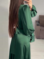 Pleated Solid Color Tied Waist Zipper A-Line Long Sleeves Mock Neck Maxi Dresses