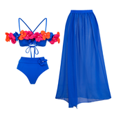 Blue 3D Flower Decor Back Lace-up Bikini Swimsuit and Skirt (Shipped on Jan 4th)