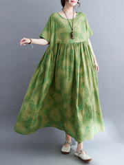 Floral Printed Loose Short Sleeves Round-Neck Midi Dresses