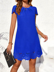 Hollow Pleated Solid Color Split-Joint Loose Short Sleeves Round-Neck Mini Dresses