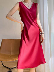 Solid Color A-Line Loose V-Neck Midi Dresses