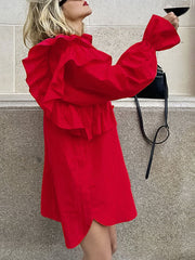 Asymmetric Buttoned Elasticity Layered Ruffled Solid Color High-Low Long Sleeves Lapel Mini Dresses