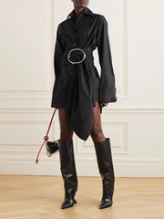 Belted Buttoned Long Sleeves Loose Lapel Shirt Dress Mini Dresses