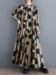 Buttoned Pleated Polka-Dot Split-Joint A-Line Long Sleeves Stand Collar Shirt Dress Maxi Dresses