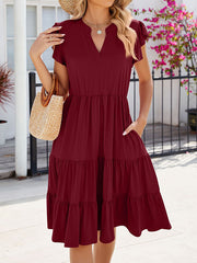 Pleated Pockets Solid Color Split-Joint Loose Ruffle Sleeves V-Neck Midi Dresses