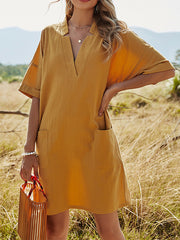 Pockets Solid Color Split-Joint A-Line High Waisted V-Neck Mini Dresses