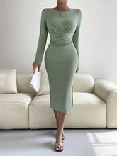 Knot Pleated Solid Color Split-side Tied Bodycon Long Sleeves Round-neck Midi Dresses