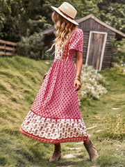 Bohemia Flared Sleeves Loose Floral Printed U-Neck Maxi Dress