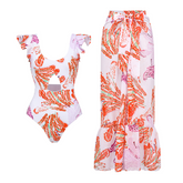 Ruffle Cutout Backless Printed Sexy One Piece Swimsuit and Sarong Flaxmaker