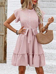Buttoned Pleated Polka-Dot Tied Waist A-Line Loose Round-Neck Mini Dresses