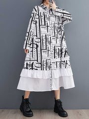 Asymmetric Buttoned Printed Split-Joint A-Line Long Sleeves Lapel Midi Dresses