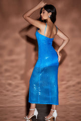 One Shoulder Sequins Cutout Slit Dress