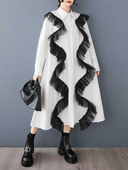 Buttoned Split-Joint A-Line Long Sleeves Lapel Shirt Dress Midi Dresses