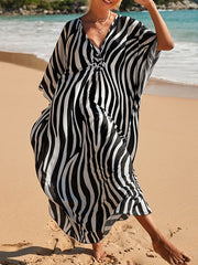 Split-Joint Split-Side Striped Sun Protection Batwing Sleeves Loose V-Neck Maxi Dresses Beach Cover-Up