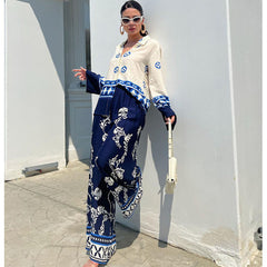 Ethnic Color Block Blue Shirt and Pants Set