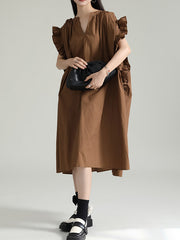 Adjustable Drawstring Pleated Solid Color Loose Raglan Sleeve V-Neck Shirt Dress Midi Dresses