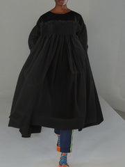 Mesh Pleated See-Through Solid Color Split-Joint A-Line Long Sleeves Round-Neck Midi Dresses