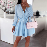 V Neck Long Sleeve Waist Lace Solid Color Mini Dress