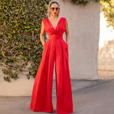 V Neck Sleeveless Red Loose Jumpsuit
