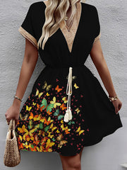 Butterfly Print Elasticity Hollow Split-Joint Tasseled Tied Waist A-line Loose V-neck Mini Dresses