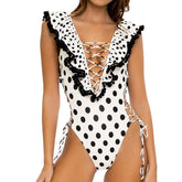 Ruffle Lace Up Printed Backless One Piece Swimsuit