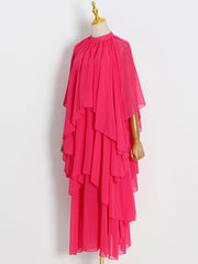 Solid Color Tiered Loose Raglan Sleeve Stand Collar Maxi Dresses