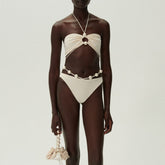 Halterneck Pearl Bandeau High Waist Bikini Swimsuit and Sarong (Shipped on Jan 13th)