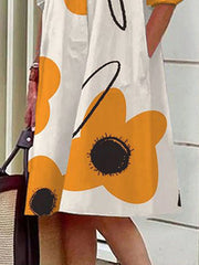 Long Sleeves Loose Flower Print Split-Joint Lapel Midi Dresses Shirt Dress