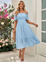 Vacation Short Sleeves A-Line Solid Color One-Shoulder Midi Dress