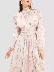 Floral Printed Long Sleeves Ruffled Elegant Chiffon Maxi Dresses