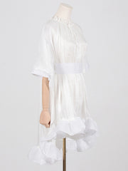 Floral Pleated Split-Joint High-Low Loose Stand Collar Mini Dresses