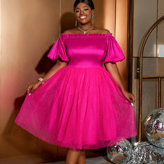 Plus Size Puff Sleeve Bandeau Dress
