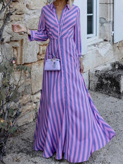 Stylish Long Sleeves Striped Lapel Collar Maxi Dresses