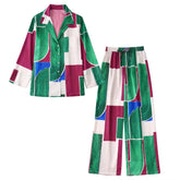 Flaxmaker V Neck Long-sleeved Color Block Printed Shirt and Bottom