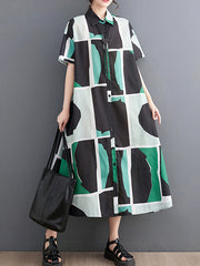 Color-Block Printed Loose Oversize Lapel Shirt Dress Midi Dresses