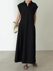 Pleated Solid Color Loose Raglan Sleeve Lapel Maxi Dresses
