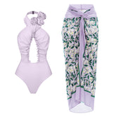 3D Flower Halter Backless One Piece Swimsuit and Sarong Flaxmaker