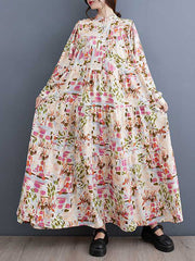 Pleated Printed Split-Joint Long Sleeves Loose Stand Collar Shirt Dress Midi Dresses