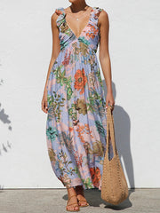 Flower Printed Sleeveless V-Neck Ruffled Elegant Maxi Dresses