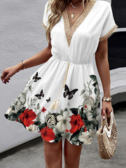 Butterfly Print Elasticity Hollow Split-Joint Tasseled Tied Waist A-line Loose V-neck Mini Dresses