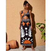 V Neck Cut Out Printed One Piece Swimsuit and Skirt