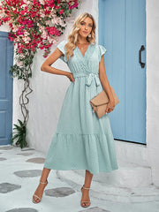 Vacation Sleeveless Loose Lace-Up Solid Color V-Neck Midi Dress