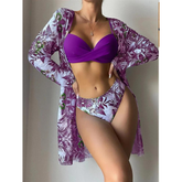 Push Up Printed Bikini Swimsuit and Chiffon Cardigan