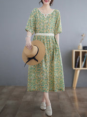 Hollow Pleated Printed Split-Joint Loose Short Sleeves Round-Neck Midi Dresses