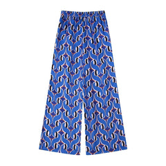 Flaxmaker Fashion Printed Feather Shirt Blue Two Piece Pants Set