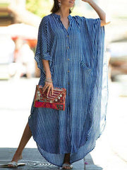 Buttoned Pockets Striped Batwing Sleeves Half Sleeves Round-Neck Maxi Dresses Beach Cover-Up
