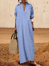 Long Sleeves Striped Lapel Maxi Dresses
