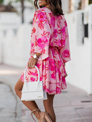 Double Layered Elasticity Flower Print A-Line High Waisted V-Neck Mini Dresses