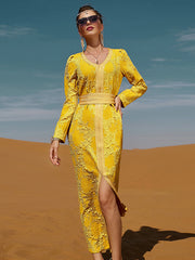 Vacation Loose A-Line Lace-Up Embroidered Solid Color V-Neck Dress